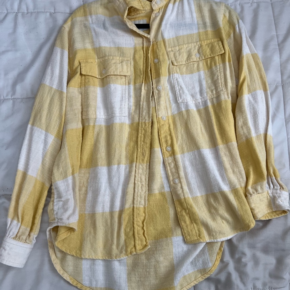 Yellow and White Plaid Button-Up Shirt
